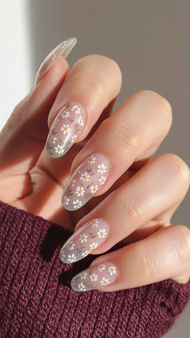 21 Long almond white daisy nails nude base_bp