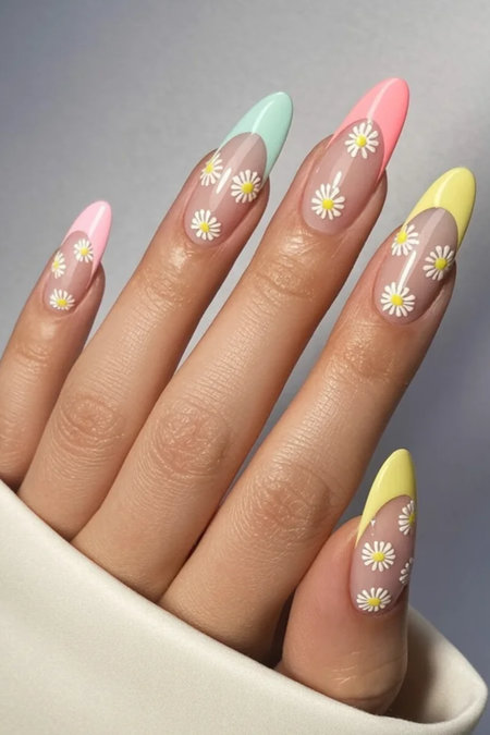 21 Long stiletto pastel French tips daisy multicolor_bp