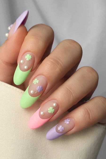 21 Pastel French shamrock pearl almond nails_bp