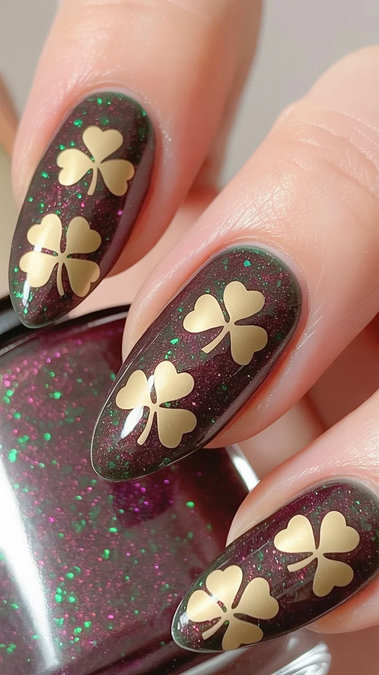 22 Burgundy glitter gold shamrock almond nails_bp