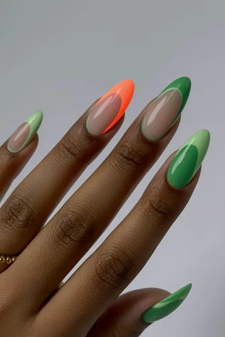 22 Long almond nude nails green coral French tips_bp