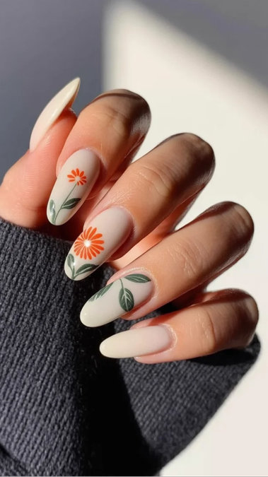 22 Long almond orange daisy floral nails cream tips_bp