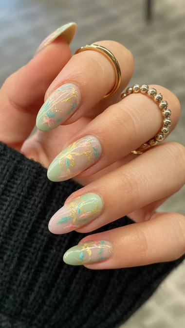 23 Long almond pastel mint gold floral line art_bp