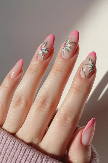 23 Long almond pink French tips white daisies green leaves_bp