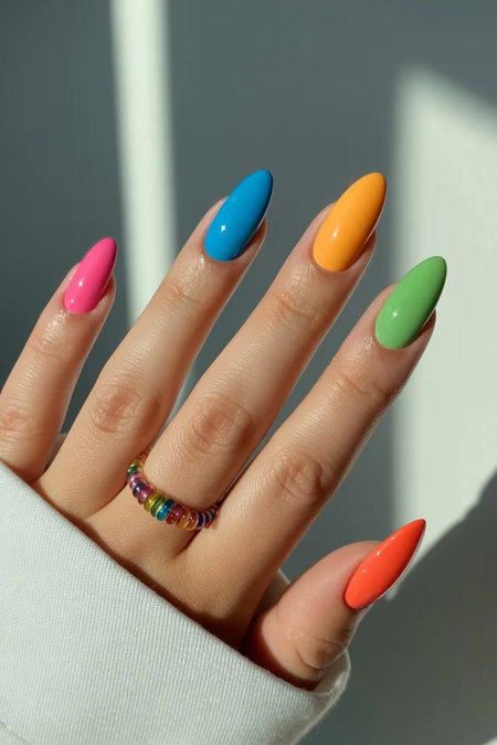 24 Long almond bright multicolor nails pink blue orange green coral_bp