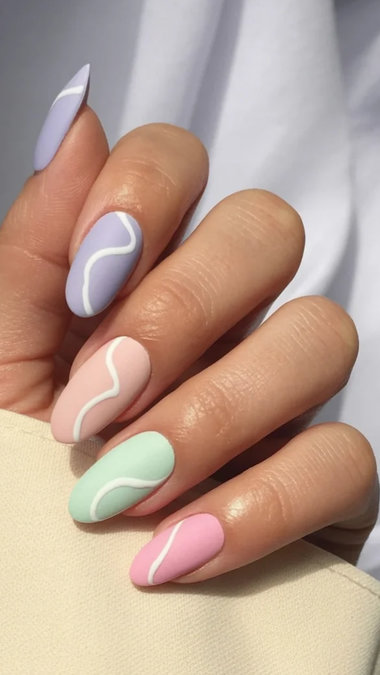 24 Long almond pastel wavy swirl nails purple pink green_bp