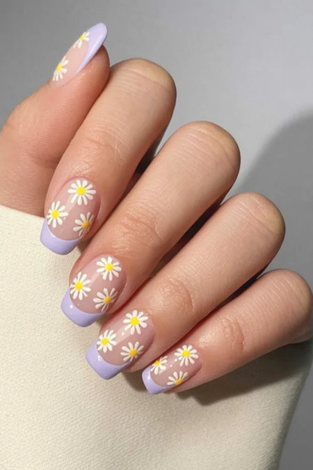 24 square pastel lavender French tips daisy_bp