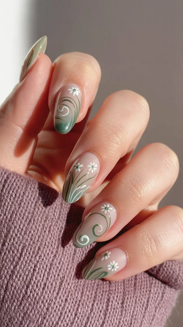 25 Long almond nude green swirls white daisies_bp