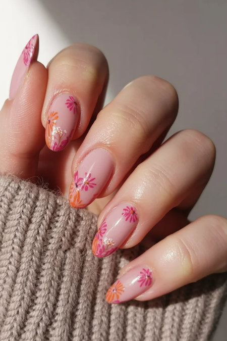 25 Long almond nude nails pink orange floral designs_bp