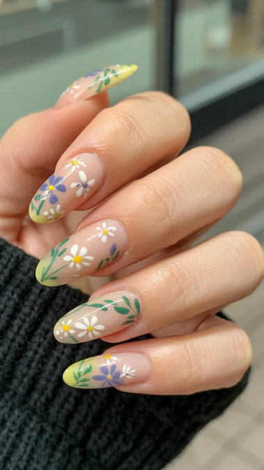 25 Long almond wildflower nails yellow tips nude multicolor_bp