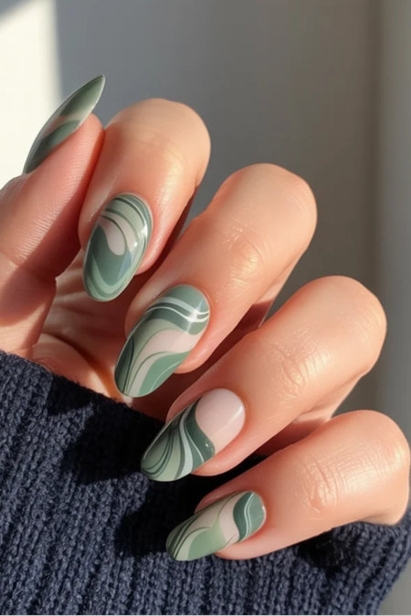 25 Sage green marble swirl almond nails_bp