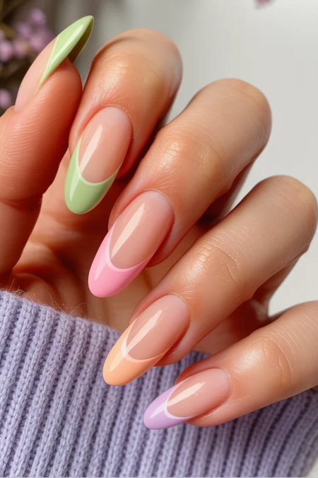 26 Long almond pastel French tips multicolor glossy_bp