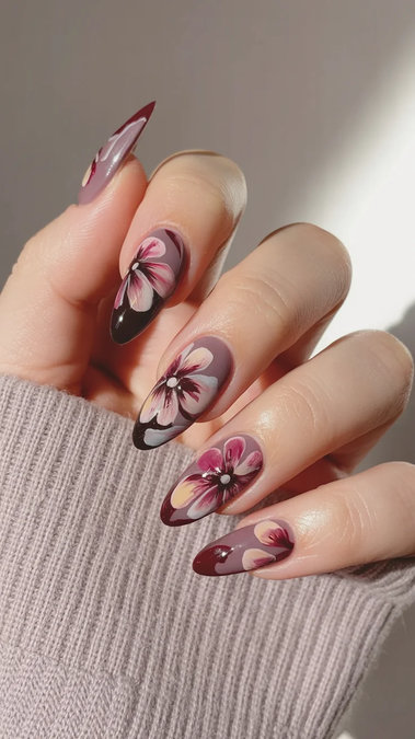 26 Long stiletto burgundy nails pink white large florals_bp