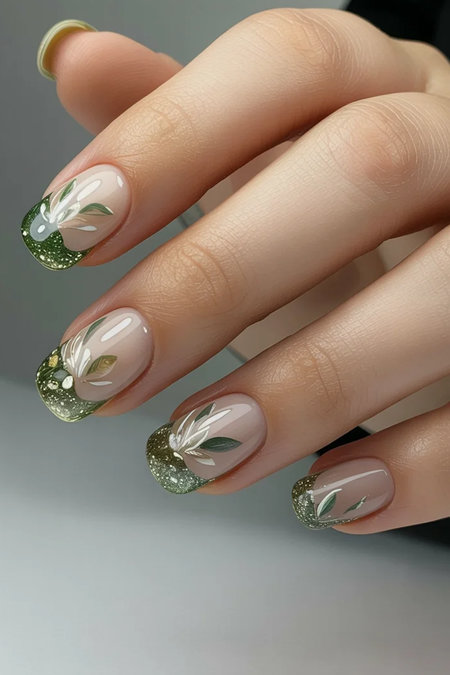 26 Short square nude green glitter French tips white flowers gold_bp