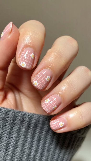 26 minimalist checkered nails with little flower accents_bp