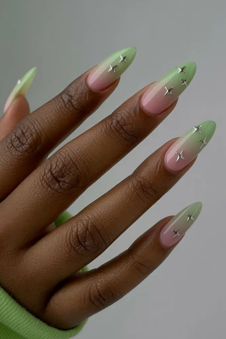 27 long almond green ombre silver star studs dark skin_bp