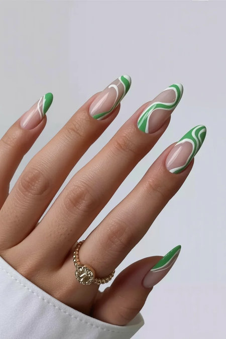 28 Long almond nude nails green white swirl French tips_bp