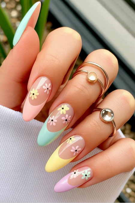 28 Long almond pastel French tips daisy multicolor_bp