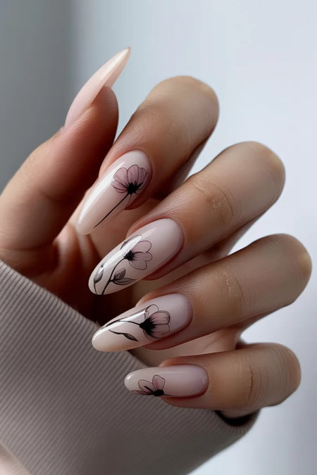 28 long almond black line art flower nails nude_bp