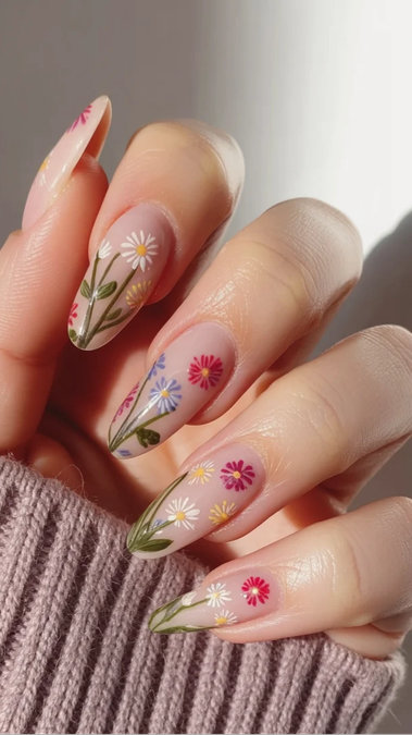 29 Long almond colorful wildflower nails nude multicolor_bp