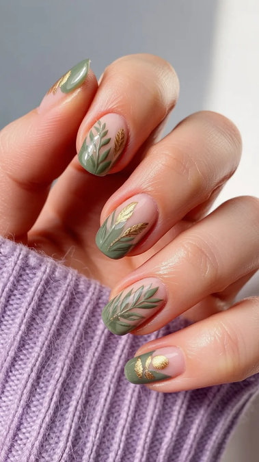29 Long almond nude sage green tips gold botanical leaves_bp
