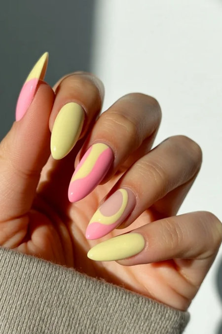 29 Long almond yellow pink nails crescent moon designs_bp