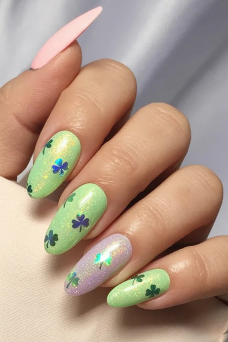3 Lime green pink shamrock glitter almond nails_bp