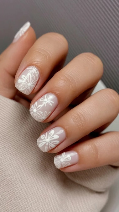 3 Long almond white line art floral nails nude_bp