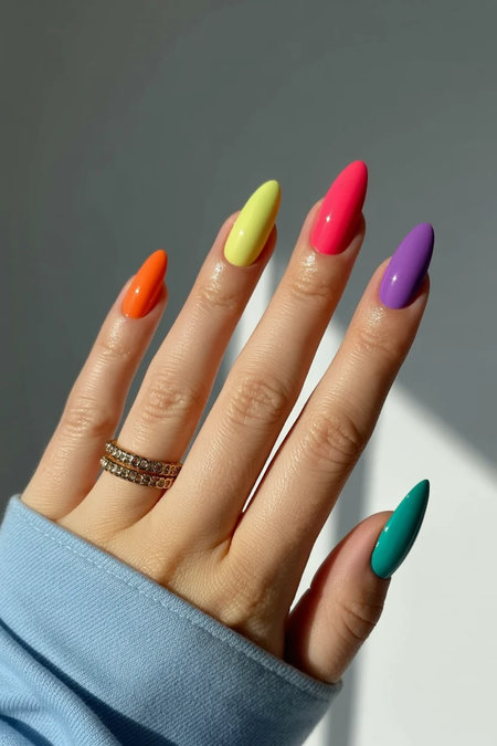 3 Long stiletto bright neon multicolor nails orange yellow pink purple teal_bp