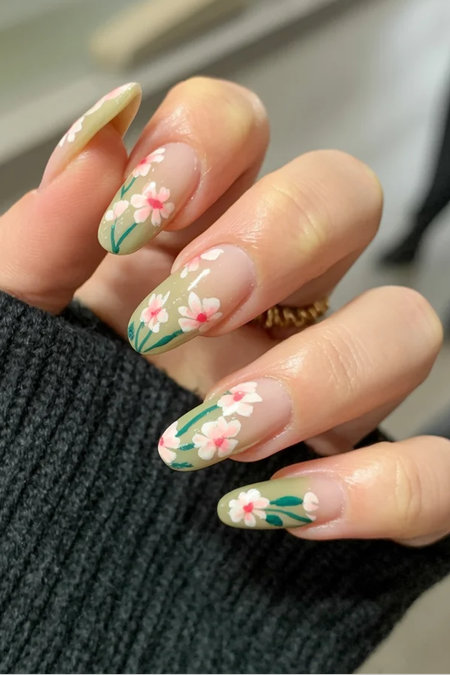 30 Long almond white pink flower nails yellow tips_bp
