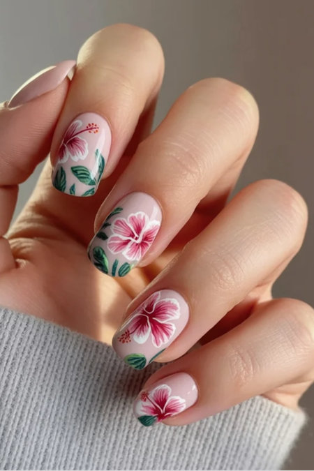32 Long almond nude pink nails hibiscus flowers green leaves_bp