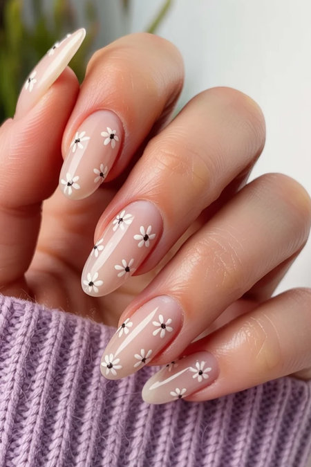 34 Long almond white daisy nails nude cream_bp