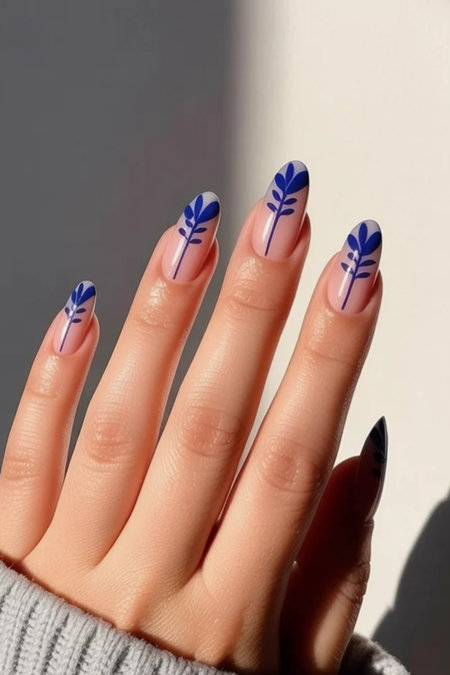 36 Long almond blue leaf botanical nails nude_bp