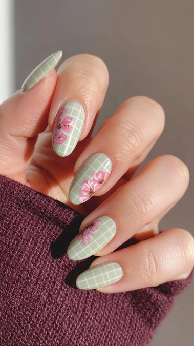 4 Long almond pastel green white grid pink flowers_bp