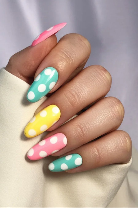 4 Long almond pastel nails pink yellow turquoise white polka dots_bp