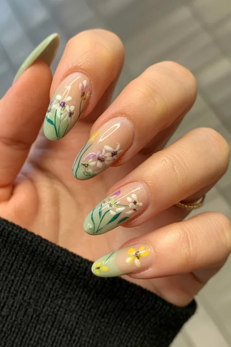 4 Long almond wildflower nails green yellow tips nude_bp