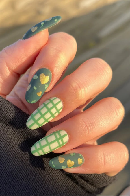 4 Sage green gold heart gingham almond nails_bp