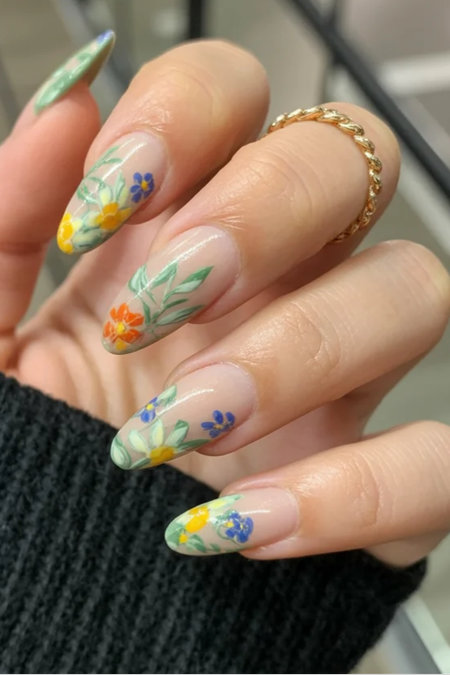 40 Long almond wildflower nails green tips nude multicolor_bp