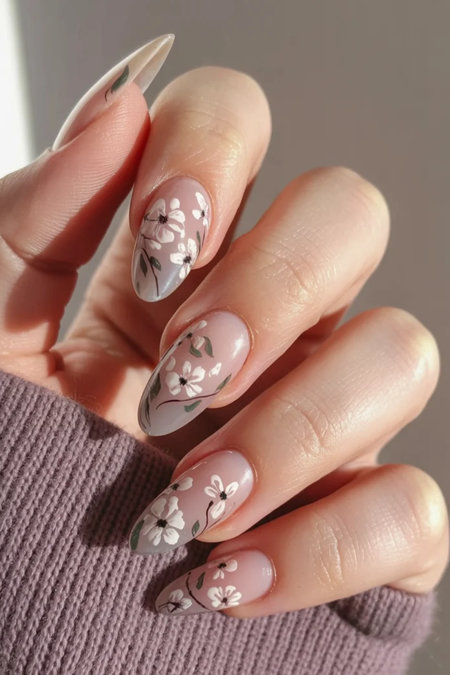 41 Long stiletto nude nails white flowers green leaves_bp