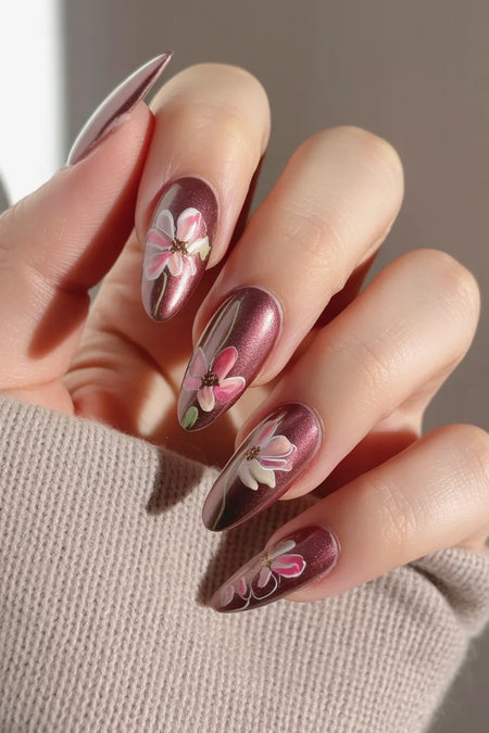 43 burgundy shimmer nails pink white florals_bp