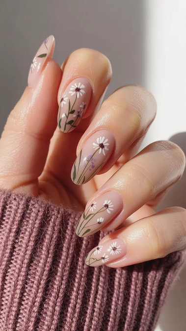 44 Long almond white daisy nails purple accents nude_bp
