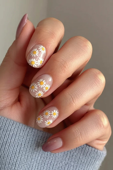 45 Short round nails white daisies nude base_bp