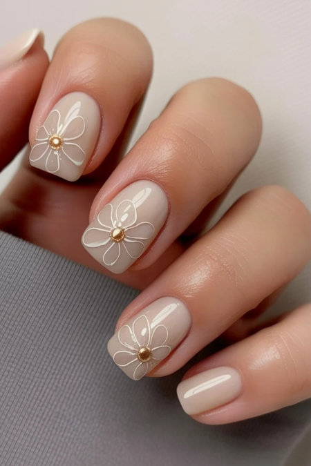 46 Short round white line art flower nails nude_bp