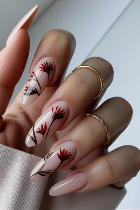 47 Long almond burgundy red floral nails nude_bp