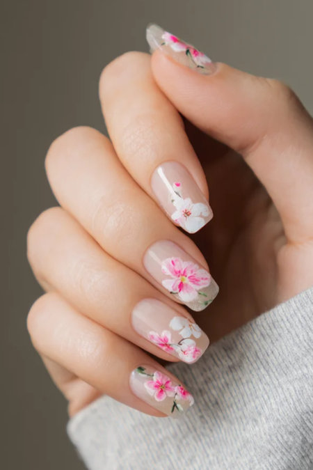 49 Long almond pink cherry blossom floral nails nude_bp