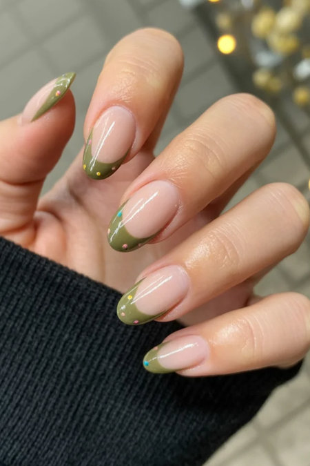 5 Long almond nude olive green French tips rhinestones_bp