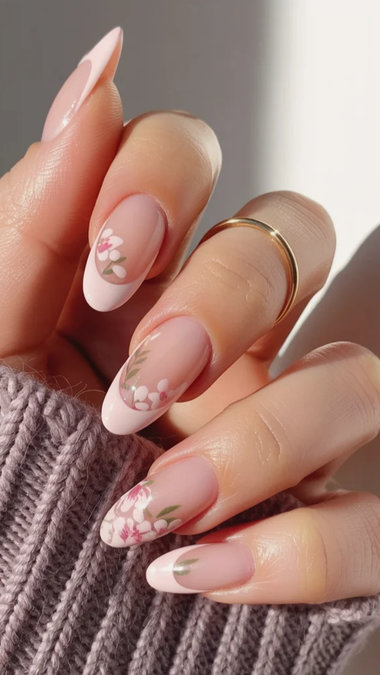 5 Long almond pastel French tips 3D floral_bp