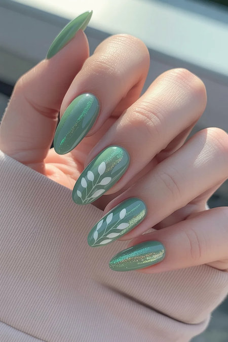 5 Sage green glitter leaf art almond nails_bp