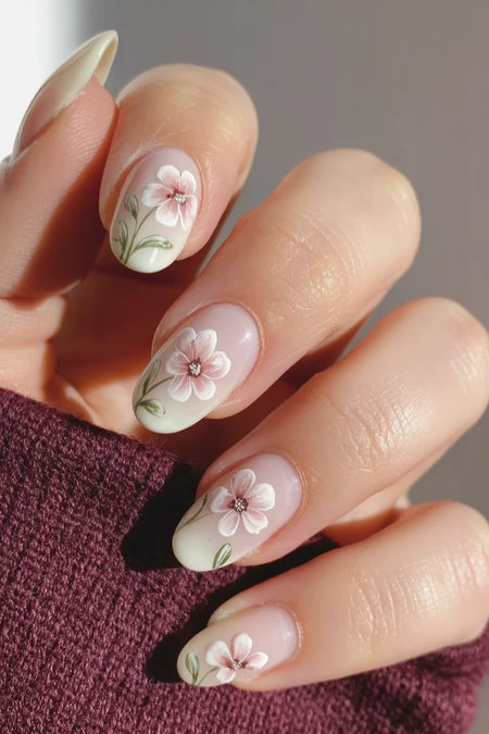 50 Long almond white pink flower nails nude cream_bp