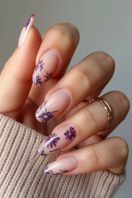 51 Long almond purple floral nails nude_bp